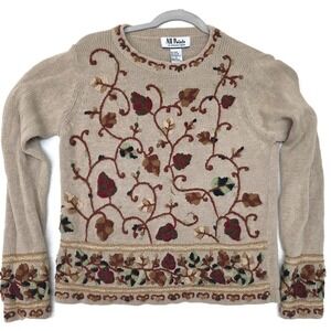 All Points Sweater Womens Small Beige Floral Embroidered Fall Leaves Ramie